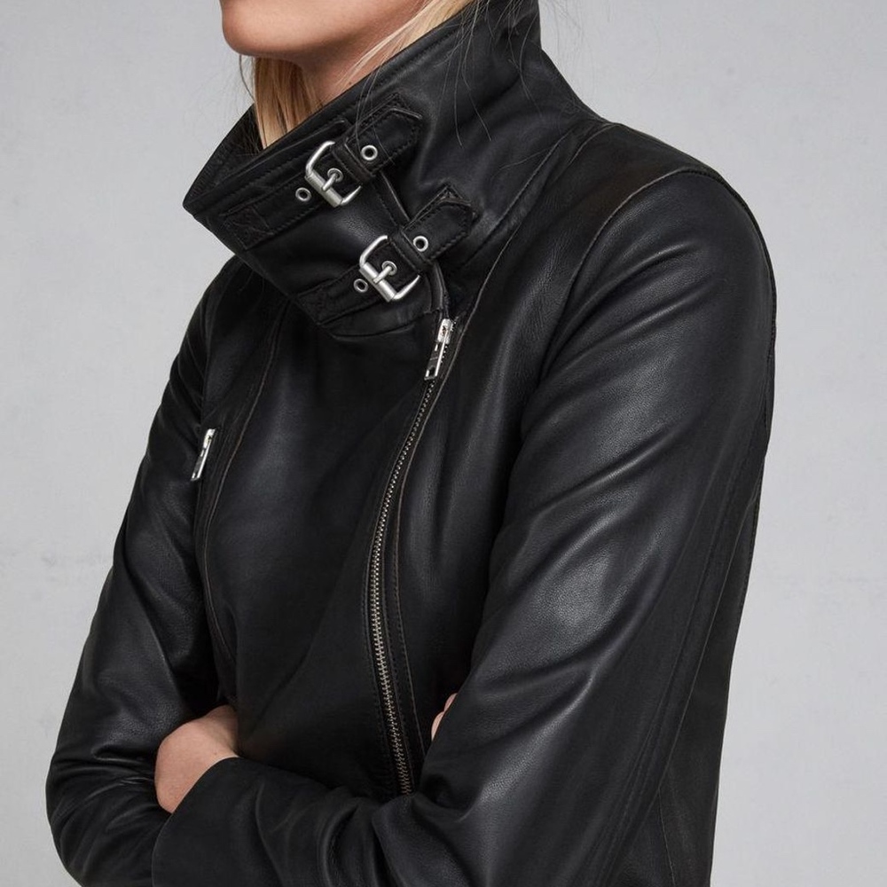 AllSaints Women's Black Bales Leather Biker Jacket - Picture 1 of 8